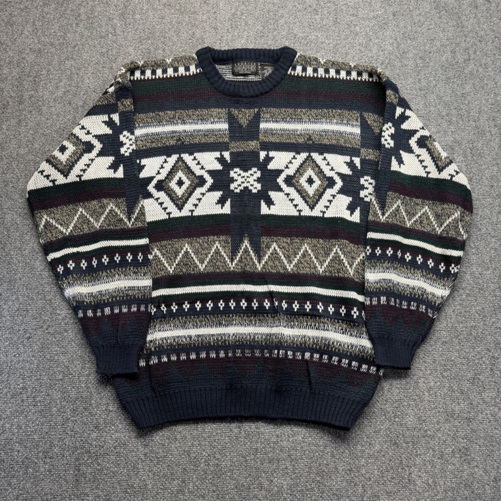 Vintage Sweater Graphix Mens Large Geometric Southwestern Knit Crewneck Navy